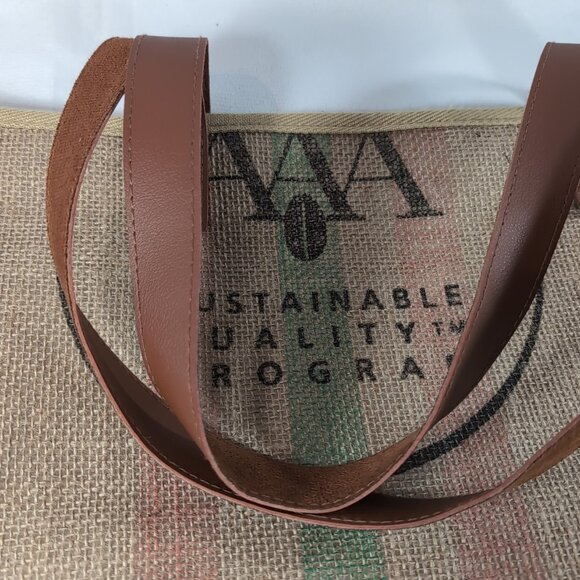 Nespresso Tote Bag Jute Burlap Beige Brown Faux Leather Shoulder 19x14" Coffee - Picture 13 of 14
